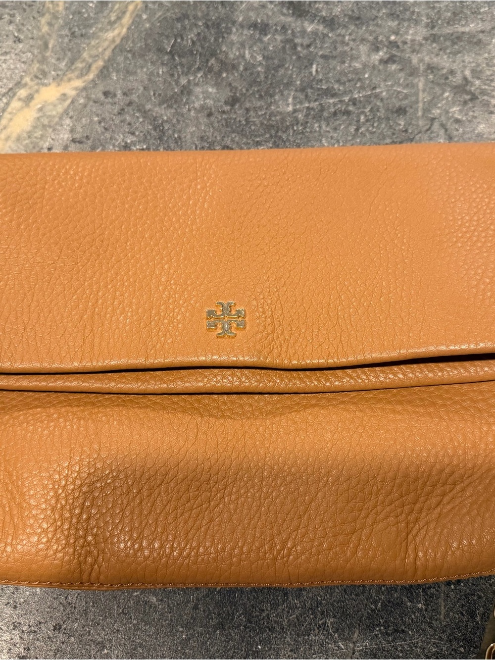 Tory Burch Camel Fold-Over Leather Clutch with Logo
